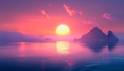 Surreal sunset over ocean, pastel hues, distant rock, calm water, ethereal and peaceful scene