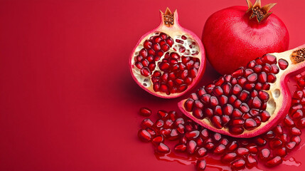 Juicy pomegranate seeds spilling out from a broken half, glistening with juice, vibrant red color 
