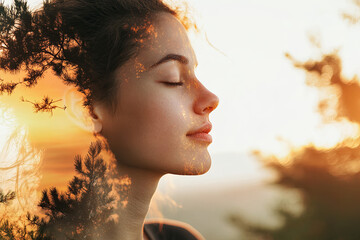 Double multiply exposure portrait of a dreamy cute woman meditating outdoors with eyes closed, combined with photograph of nature, sunrise or sunset, closeup. Psychology freedom power of mind concept
