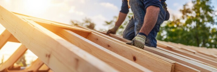 A roofing worker is seen constructing a wooden roof frame during the golden hour, symbolizing the hands-on labor and craft involved in building and shelter activities.