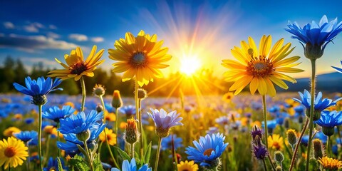 A kaleidoscope of blue and yellow wildflowers blooms in a sun-kissed meadow, filling the air with joy.