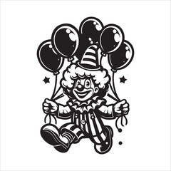 Funny clown with balloons vector illustration silhouette