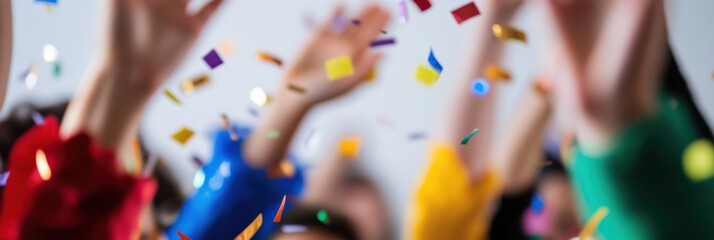 Obraz premium A joyful indoor celebration, where people raise their hands in excitement as colorful confetti falls around them, filling the space with a festive atmosphere.