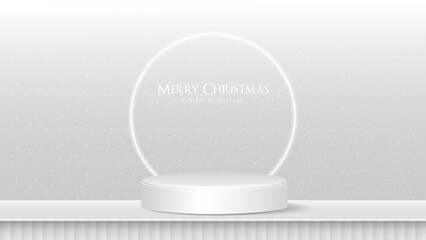 Minimalist white podium with light and particle, Christmas product display background, vector illustration.