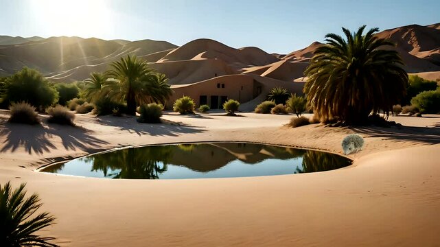 A beautiful view of an oasis in the desert.  Seamless looping 4k time-lapse animation video background
