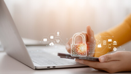 Cybersecurity technology. Cyber security and data protection on the internet. Person touching...