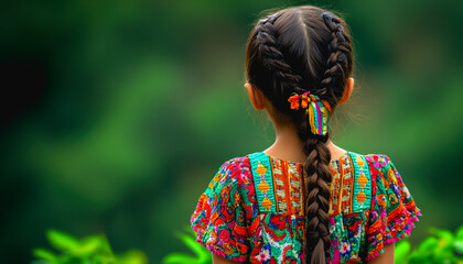 Young girl in a vibrant dress standing in a lush forest, surrounded by greenery, facing away