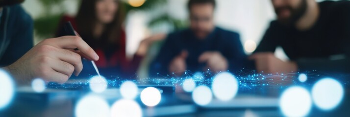 A group of professionals gathered around a table, engaged in a dynamic discussion about a project, with an overlay of a digital interface visually representing data connections.