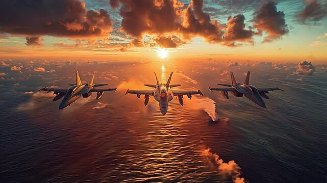 Sunset Flight Formation: Three fighter jets soar through a breathtaking sunset, their silhouettes etched against a fiery sky, a stunning display of aerial power and precision.