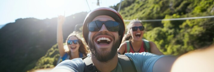 A group of friends, wearing helmets and harnesses, excitedly zip line across a lush landscape, showcasing thrill, adventure, and friendship in the wilderness.