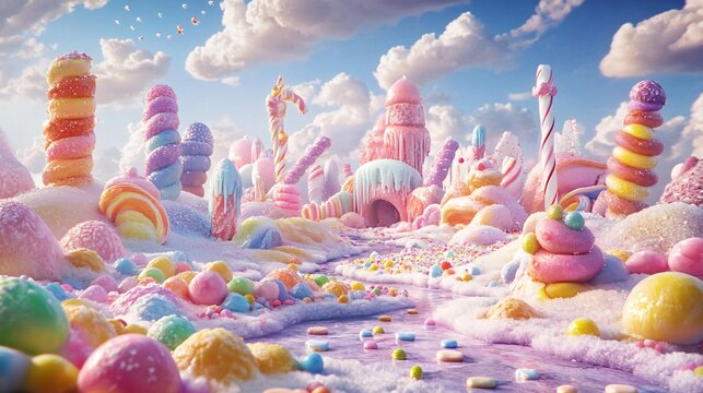 37. Playful and colorful fantasy landscape made of pastel candies, with vibrant hues and sweet details, evoking a surreal and dreamy candyland with a whimsical atmosphere