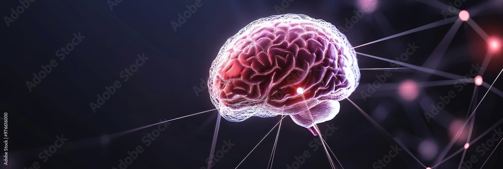 Poster a 3d of a human brain with pink neurons connected by a network of lines, symbolizing mental connecti