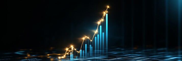 A 3D  of an upward-trending bar chart with golden sparks representing exponential growth, symbolizing business success, financial progress, data analysis, technology advancements, and future potential