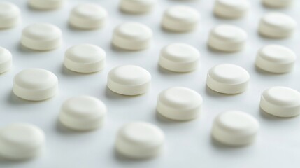 51. Close-up of milk tablets neatly arranged on a clean, white surface, showcasing their smooth texture and uniform shape with a subtle, creamy color
