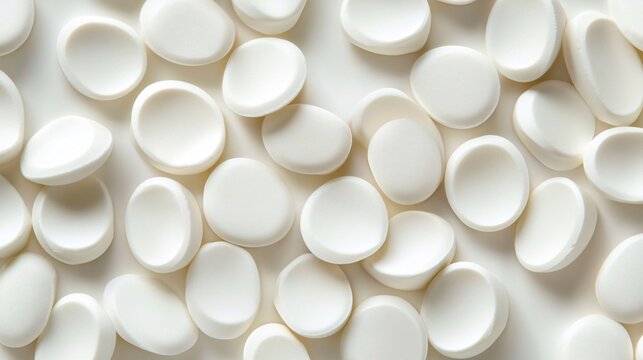 55. Creamy white milk tablets shown in close-up, highlighting their smooth surface and consistent shape, arranged on a minimalist background