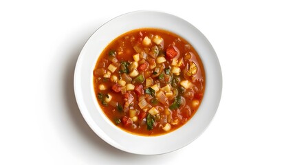 Hearty vegetable soup with chickpeas and tomatoes in a white bowl