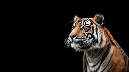 Obraz premium A captivating portrait of a Sumatran tiger, its striking orange and black stripes stand out against a dark background. The tiger's intense gaze and powerful presence evoke strength, beauty, and wildne