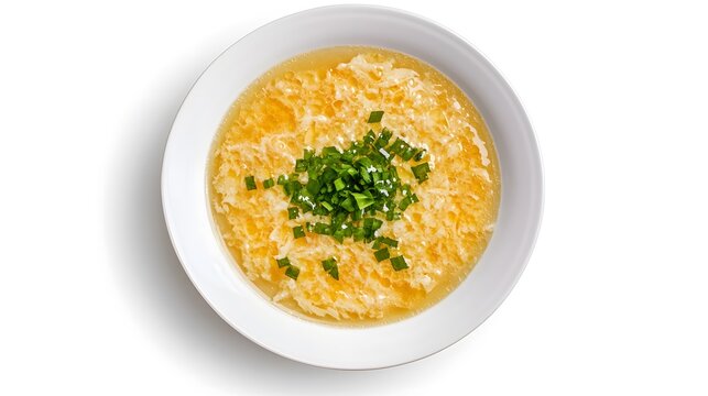 Delicious egg drop soup garnished with fresh chives in a white bowl