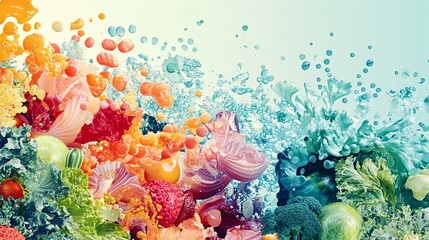 65. Generative AI-generated visual of natural Vitamin B12 sources, including shellfish, dairy, and leafy greens, depicted in a colorful and informative layout