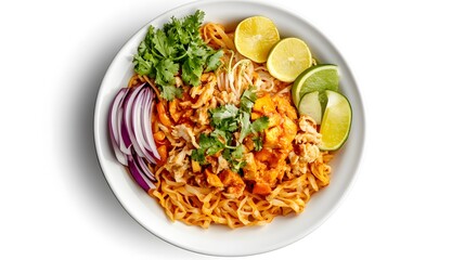 Delicious chicken pad thai with lime, cilantro, and red onion garnish