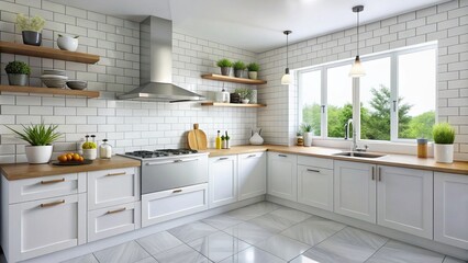 A sleek and sophisticated atmosphere is created with bright white ceramic kitchen tiles featuring prominent grout
