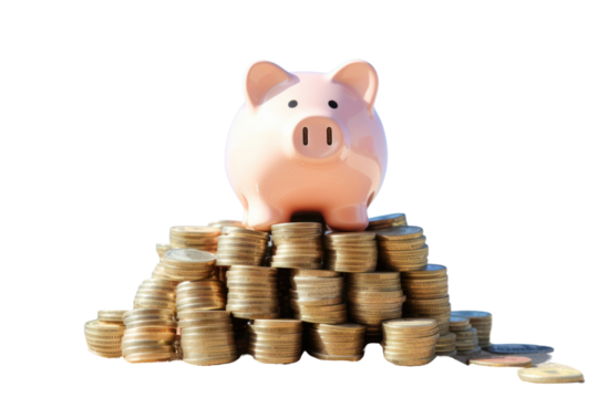 A pink ceramic piggy bank filled with coins, with a few coins scattered around, isolated on white background