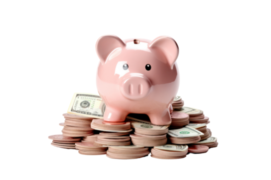 A pink ceramic piggy bank filled with coins, with a few coins scattered around, isolated on white background