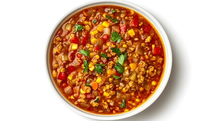 Hearty bowl of spicy beef and vegetable soup with corn and peppers