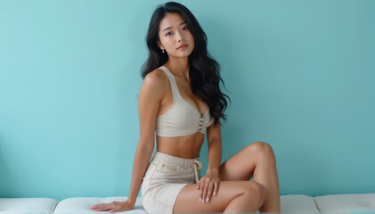 Casual young Asian woman sitting cross-legged on light blue sofa, radiating comfort and casual home lifestyle