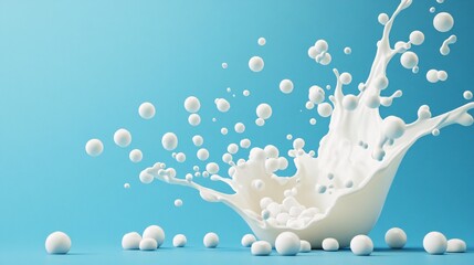 78. White milk tablets in mid-splash with calcium balls on a blue backdrop, a 3D rendered scene illustrating the concept of bone nourishment and the importance of vitamin D