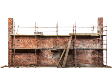 A partially completed brick wall with scaffolding in the background, isolated on white background