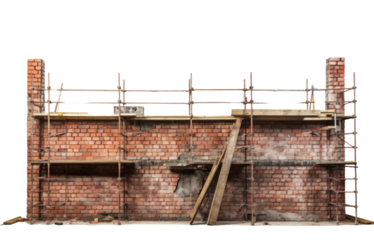 A partially completed brick wall with scaffolding in the background, isolated on white background
