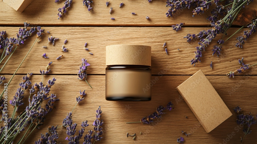 Wall mural lavender essential oil bottle with dried lavender flowers on wooden background.