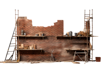 A partially completed brick wall with scaffolding in the background, isolated on white background