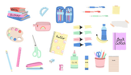 School supplies. Cute stationery. Backpack, pen and pencil. Study books. Stapler and glue. Adhesive tape and paper notes. Scissors or highlighter marker. Education vector cute cartoon illustration
