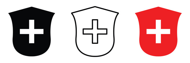 Obraz premium Health shield icons. Health protection symbols. Safety medicine. Immune system icon. Medical cross in the shield. Vector illustration in eps 10.