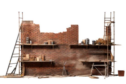 A partially completed brick wall with scaffolding in the background, isolated on white background