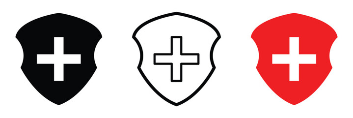 Health shield icons. Health protection symbols. Safety medicine. Immune system icon. Medical cross in the shield. Vector illustration in eps 10.