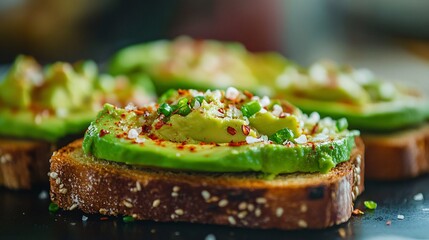 86. Close-up of a freshly made avocado toast, generously sprinkled with chili flakes and sea salt, showcasing the vibrant green of the avocado against the toasted bread