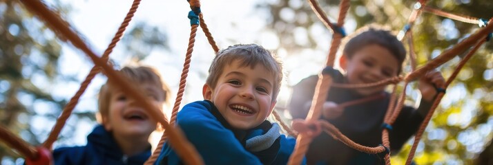 Three children are climbing and laughing energetically on a rope net in a park, showcasing the essence of play, friendship, and adventure in childhood.