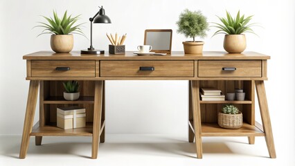 Fototapeta premium A solitary wooden desk features drawers, shelves, and decorative accents against a crisp white backdrop, exuding a