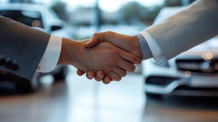 A customer shaking hands with a dealer in a luxury car showroom focus on handshake sleek vehicles in background modern lighting