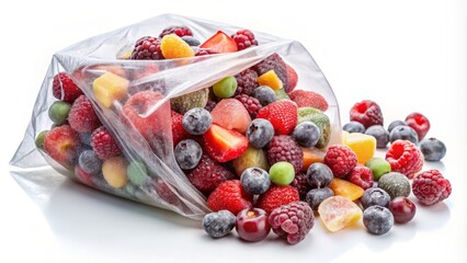 Assorted frozen fruit in a plastic bag spills out onto a crisp white background, a colorful and...