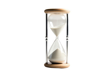 A classic hourglass with an intricate brass frame, positioned against a stark white backdrop, isolate on white background.