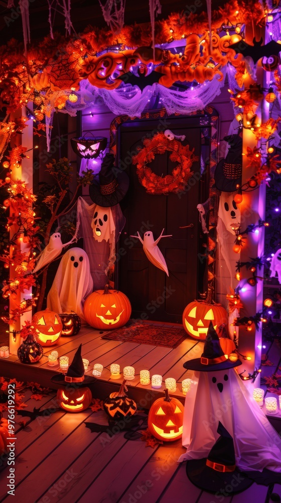 Wall mural halloween-decorated porch with orange and purple lights, surrounded by ghosts and witches' hats for 