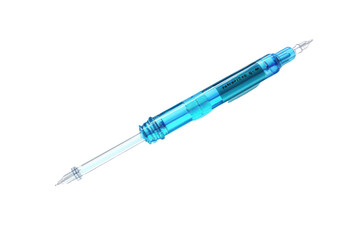 Fototapeta premium A close-up of a medical syringe filled with a clear vaccine, needle pointing upward, ready for injection isolated on white background