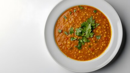 Hearty lentil soup garnished with fresh cilantro in white bowl on minimalist background
