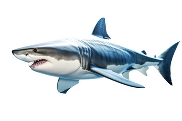 Fototapeta premium A majestic shark swimming gracefully in clear blue water. Isolated on white background