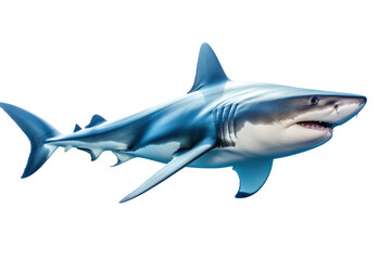 Fototapeta premium A majestic shark swimming gracefully in clear blue water. Isolated on white background