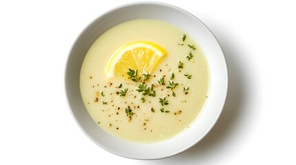 Creamy lemon soup with fresh thyme and black pepper garnish in white bowl